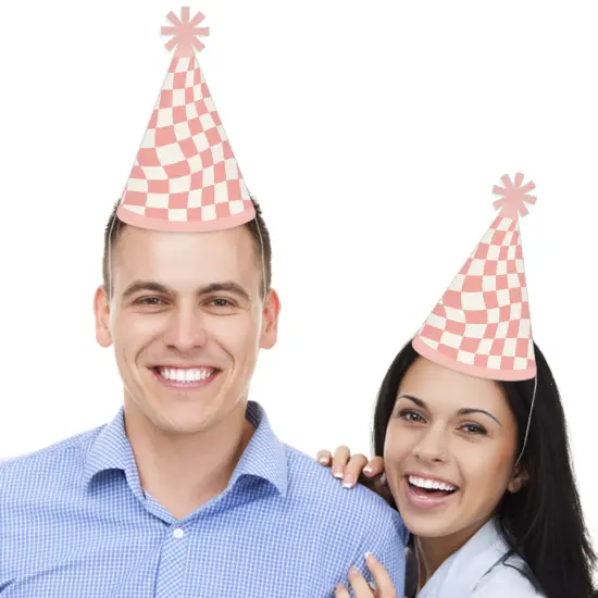 Big Dot of Happiness Pink Checkered Party - Cone Happy Birthday Party Hats for Kids and Adults - Set of 8 (Standard Size) {3}