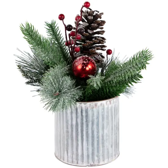 Northlight 12" Frosted Pine, Berries and Pine Cones Floral Arrangement in Tin Pot Green {5}