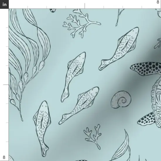Various Fabrics by the Yard or Fat Quarter Blue Aqua Hand Drawn Ocean Sea Turtles Seaside Beach Coastal Fish Large Scale House Chic Custom Printed Fabric by Spoonflower {4}