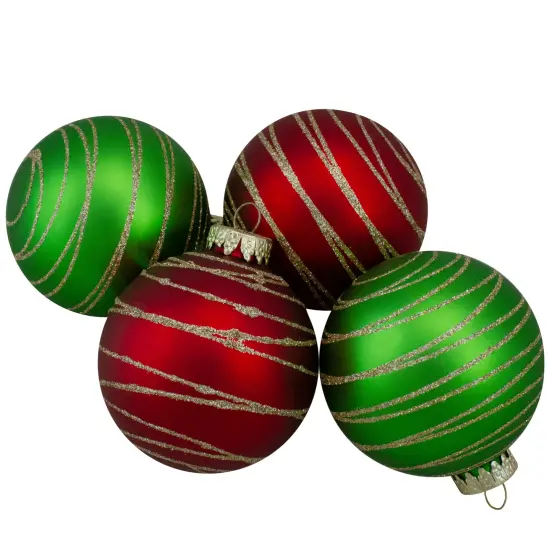 Northlight Glittered Golden Stripes Christmas Glass Ball Ornaments - 3" (75mm) - Red and Green - 4ct {1}