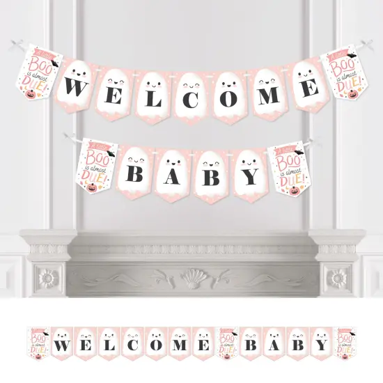 Big Dot of Happiness Pastel Halloween - Pink Pumpkin Baby Shower Bunting Banner - Party Decorations - Welcome Baby {1}
