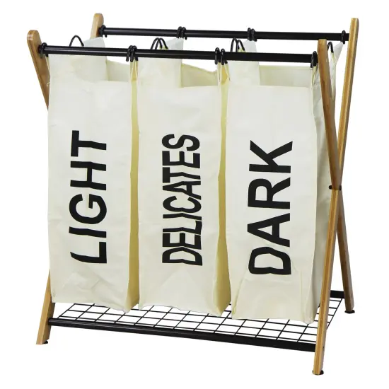 Oceanstar X-Frame Bamboo 3-Bag Laundry Sorter, White {1}