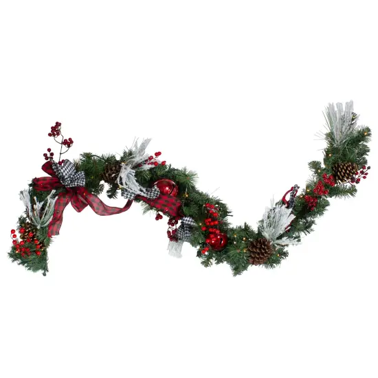 Northlight 6' x 12" Pre-Lit Plaid Bows and Red Berries Artificial Christmas Garland - Warm White Lights Green {1}