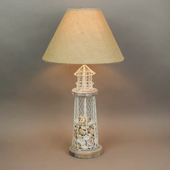 White and Grey Metal Real Seashell Lighthouse Table Lamp with Burlap Shade {3}