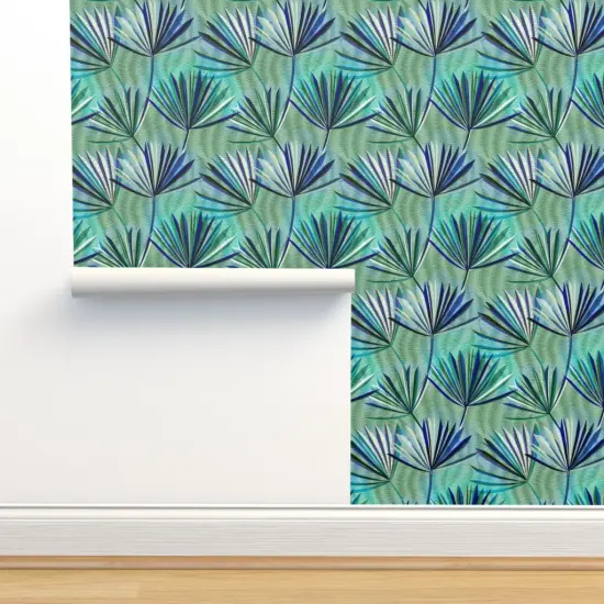 Peel & Stick Wallpaper 2FT Wide Jungle Palm Tropical Foliage Rainforest Summer Electric Blue Green Large Scale Custom Removable Wallpaper by Spoonflower {2}