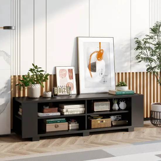 Wooden TV Stand with 8 Open Shelves for TVs up to 65 Inch Flat Screen Black {6}