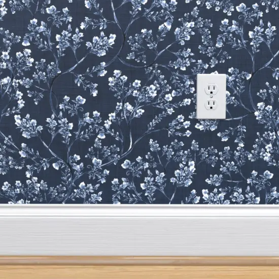 Peel & Stick Wallpaper 2FT Wide Botanical Toile Traditional Classic Large Scale Dark Blue Garden Floral Custom Removable Wallpaper by Spoonflower {4}