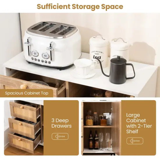 Costway Rattan Buffet Sideboard with 3 Drawers & 1 Door Sturdy Metal Legs Storage Cabinet {6}