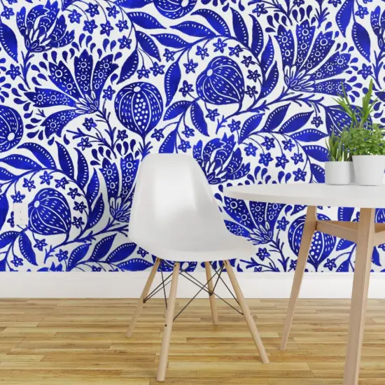 Pre-Pasted Wallpaper 2FT Wide Cobalt Blue Botanical Bright White Indian Floral Figs Custom Pre-pasted Wallpaper by Spoonflower {1}