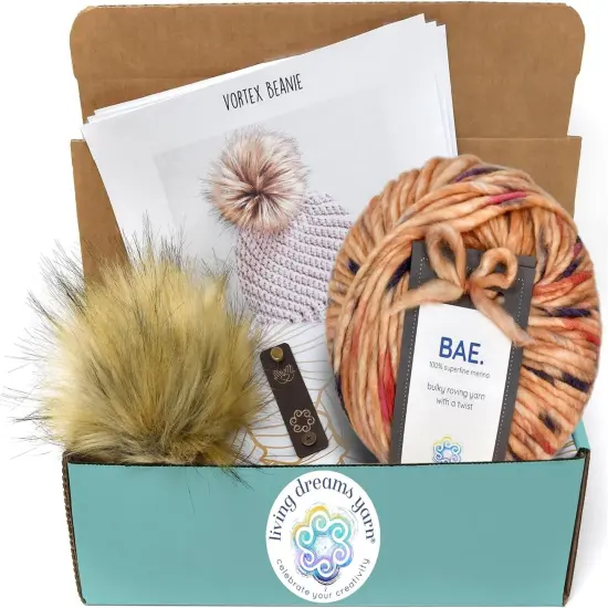 DIY Winter Hat Crochet Kit. Includes Bulky Superfine Merino Wool Yarn, Printed Pattern, Pom-Pom, Rim Tag. Soft, Cozy, Great for Gifts Honeybun {1}