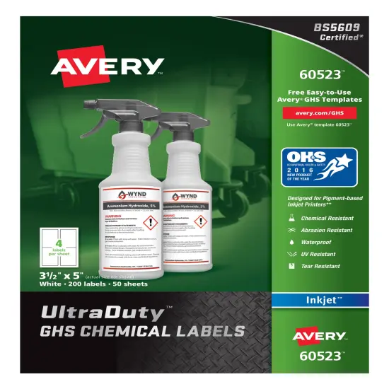 Avery UltraDuty GHS Chemical Labels for Pigment Inkjet Printers, Permanent Adhesive, Waterproof, UV Resistant, 3-1/2" x 5",200Labels (60523) {1}