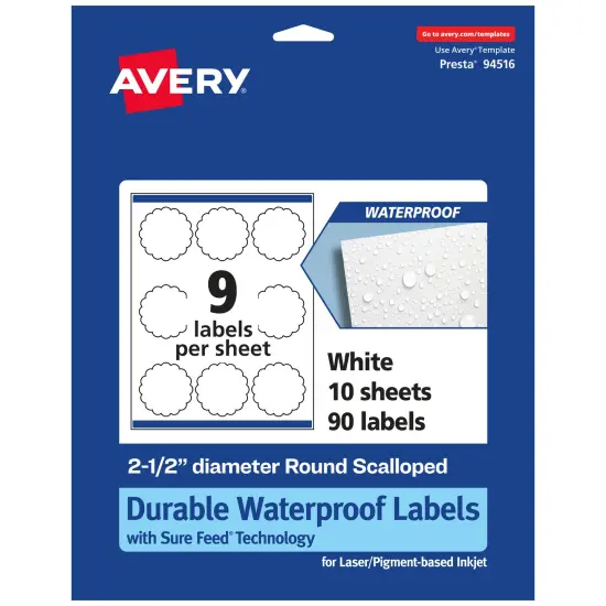 Avery Durable Waterproof Round Scalloped Labels with Sure Feed, 2.5" diameter {7}