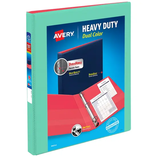 Avery Heavy-Duty Dual Color 3 Ring Binder, 0.5" One Touch Slant Rings, 135-Sheet Capacity, 0.7 Inch Wide Spine, Home, School Supplies, Office, or Organization Needs, Mint/Coral Binder (17881) {1}