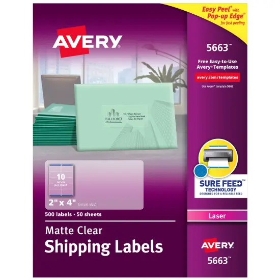 Avery Matte Clear Shipping Labels, Sure Feed Technology, Laser, 2" x 4", 500 Labels (5663) {1}