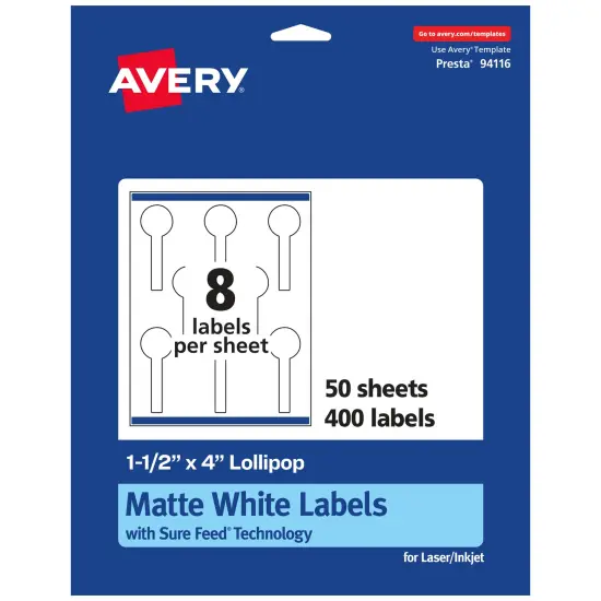 Avery Matte White Lollipop Labels with Sure Feed, 1-1/2" x 4" {7}