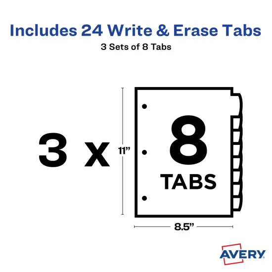 Avery Big Tab Write & Erase Durable Plastic Dividers, 8-Tab Set, Multicolor Brights, 3 Sets (21210) {4}