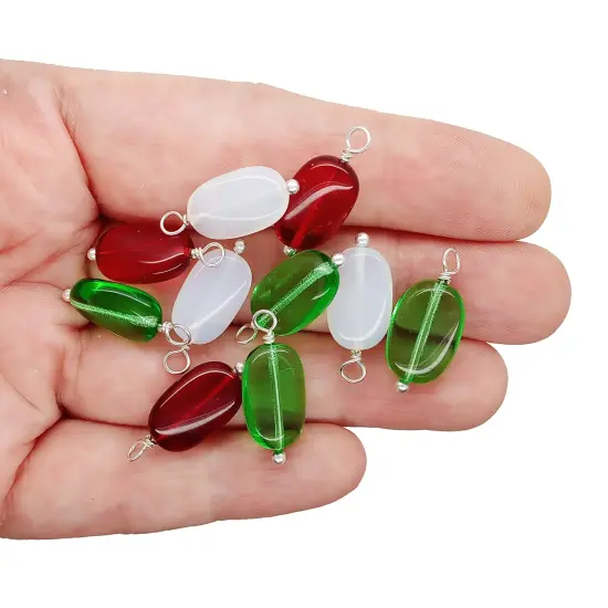 Glass Bead Charms in Christmas Colors, 10 pieces, Twisted Oval Dangles in Red Green & White, Adorabilities {4}