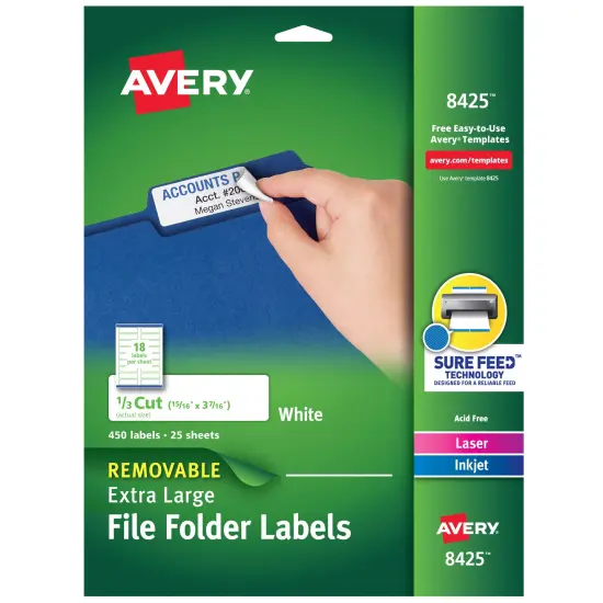 Avery Extra Large File Folder Labels, 15/16" x 3-7/16", 450 Printable Labels, Removable, White (8425) {1}
