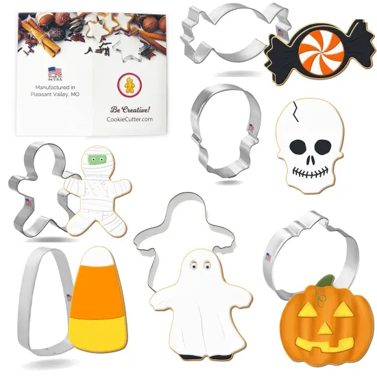 CookieCutter.Com Trick Or Treat Cookie Cutter 6 Pc Set HS0432 - 4 in Candy Corn, 3 in Pumpkin, 3.5 in Mummy Monster, 3.25 in Piece of Candy, 3.25 in Skull, 4.25 in Ghost Trick-or-Treater {1}