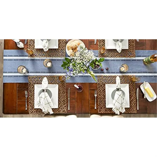 DII French Blue Dobby Striped Fringe Ribbed Table Runner 14x108 {5}