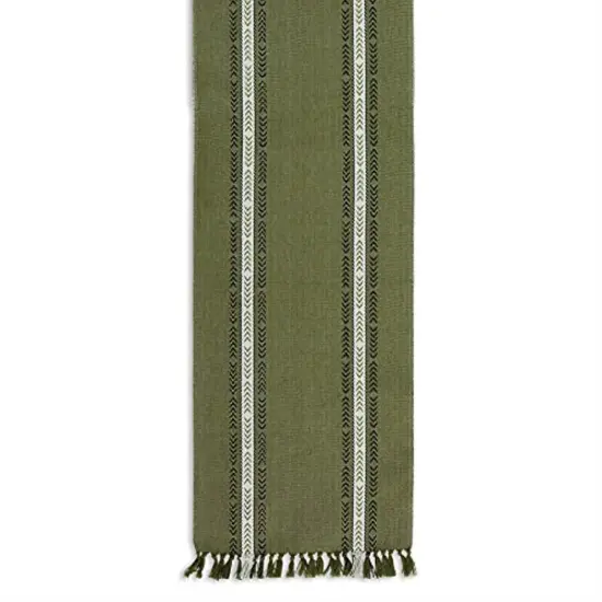 DII Olive Green Dobby Striped Fringe Ribbed Table Runner 14x108 {2}