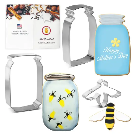 CookieCutter.Com Mason Honey Jars and Bee Cookie Cutter 3 Pc Set HS0463 with Sugar Cookie Recipe Card. USA Made {1}