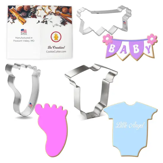 CookieCutter.com Baby Cookie Cutter 3 Piece Set, 4 in, Banner, Bodysuit, Tin Plate Steel, USA {1}