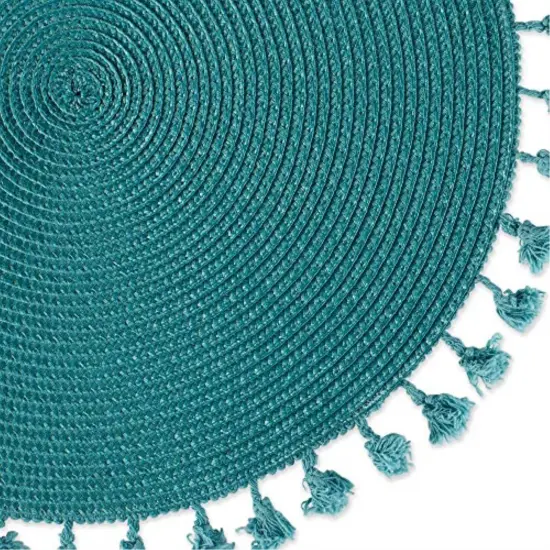 DII Teal Tassel Fringe Pp Woven Round Placemat Set of 6 {2}