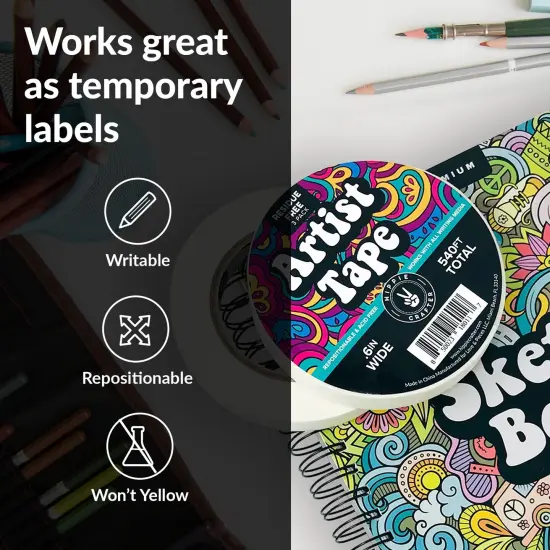 3Pk White Artist Tape for Watercolor Paper White Painters Tape Artists Painting Tape Removable Masking Drafting Canvas Framing Paint Mask Thin Residue Free Low Tack Low Acid Art Tape .6in {6}