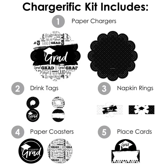 Big Dot of Happiness Black and White Graduation Party Paper Charger and Table Decorations - Chargerific Kit - Place Setting for 8 {4}