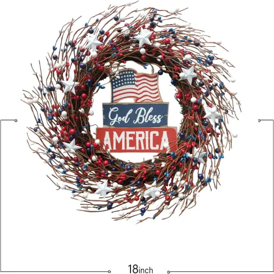 Patriotic 18-Inch Red, White, and Blue Berry Wreath with Americana Flag for 4th of July, Memorial Day, and Veterans Day {5}