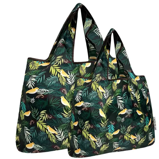 Wrapables Large & Small Foldable Tote Nylon Reusable Grocery Bags, Set of 2, Birds in Ferns {1}