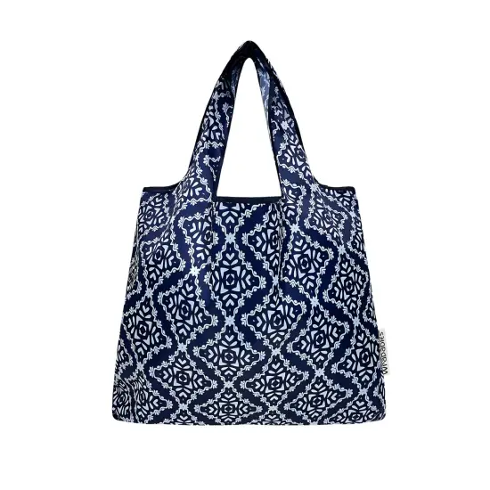 Wrapables Medium Foldable Tote Nylon Reusable Grocery Bag (Set of 2), Navy Deco {3}