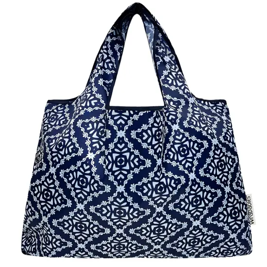 Wrapables Large Foldable Tote Nylon Reusable Grocery Bags, Navy Deco {3}
