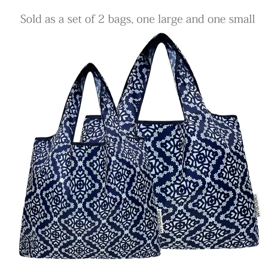 Wrapables Large & Small Foldable Tote Nylon Reusable Grocery Bags, Set of 2, Navy Deco {3}