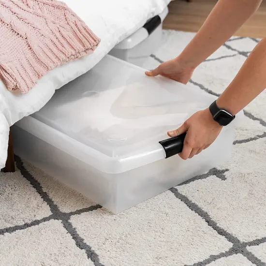 IRIS USA 40 Qt Plastic Under Bed Storage Stackable Nestable Organizer Bin Container with Secure Lids and Durable Black Buckles, Multi-Purpose for Clothes, Shoes, and Bedding, Clear, 3 Pack {4}