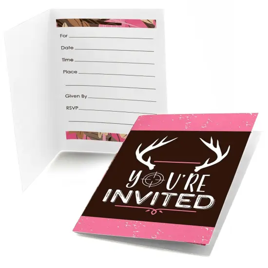 Big Dot of Happiness Pink Gone Hunting - Fill In Deer Hunting Girl Camo Baby Shower or Birthday Party Invitations (8 count) {1}