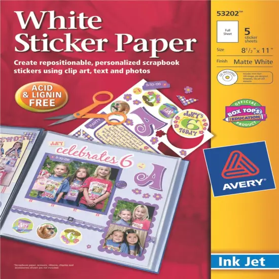 Avery Ink Jet Sticker Paper W/CD 8.5"X11"-Matte White 5/Pkg {1}