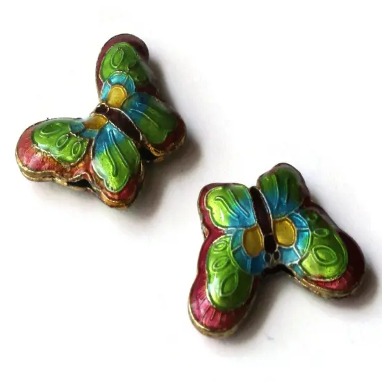 2 23mm Pink and Green Cloisonne Butterfly Beads Handmade Metal and Enamel Beads Moth Beads {3}