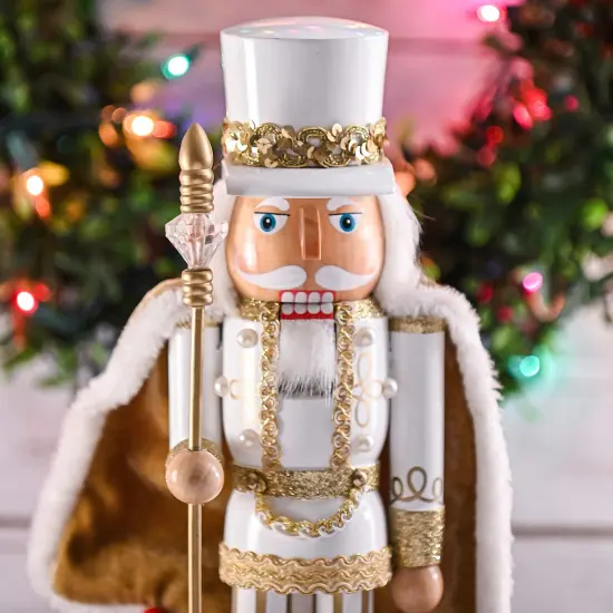 Ornativity Christmas Gold King Nutcracker &ndash; Gold and White Glittered Wooden Nutcracker Man with Gold and White Fur Cape and Staff in Hand Xmas Themed Holiday Nut Cracker Doll Figure Decorations {4}