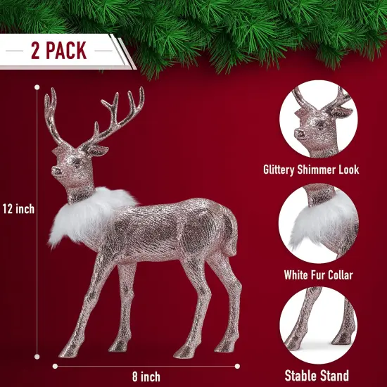 Ornativity Rose Glitter Christmas Reindeer - Holiday Party Deer Rose Gold Figurine Statues Dinner Tabletop Decorations Centerpiece - Pack of 2 {6}