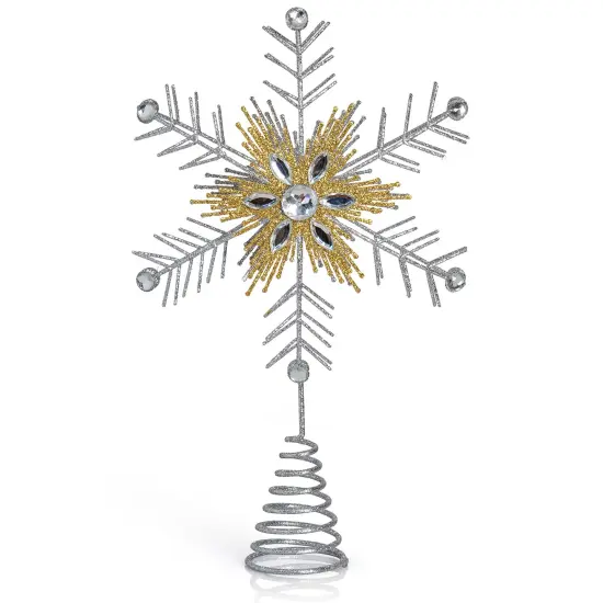 Ornativity Glitter Snowflake Tree Topper &ndash; Silver and Gold Bare Branches Styled Sparkling Gem Detailed Christmas Star Tree Top Ornament Decorations {1}