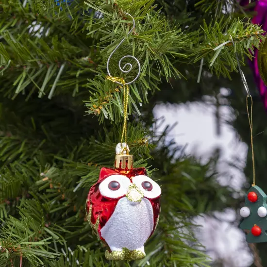 Ornativity Glitter Christmas Owl Ornaments - Snowy Glitter White and Red Animal Owls Christmas Tree Ornament Decorations - 4 Birds {4}