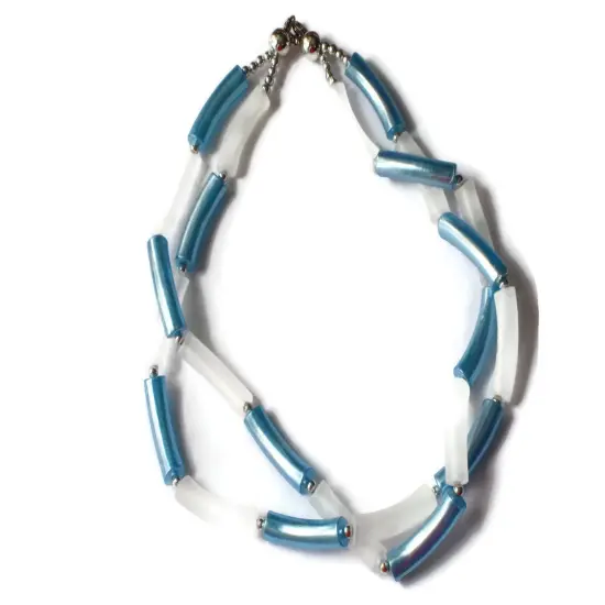 19 1/2 Inch Vintage Twisted Two Strand Blue and White Beaded Necklace - Plastic Tube Beads {1}