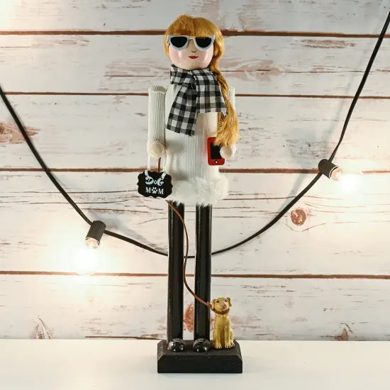 Ornativity Christmas Dog Mom Nutcracker – White and Black Wooden Nutcracker Woman with Dog on Leash and a Smartphone in Hand Xmas Themed Holiday Nut Cracker Doll Figure Decorations {2}