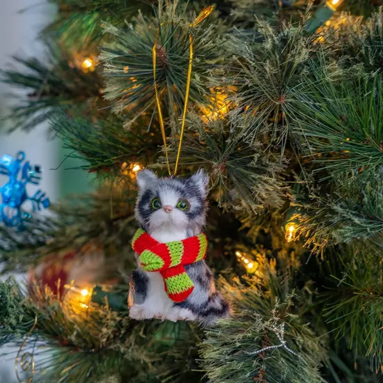Ornativity Christmas Mini Cat Ornament - Furry Grey Kitten with Scarf Holiday Tree Hanging Decoration {3}