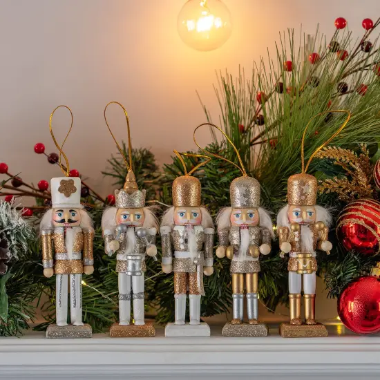 Ornativity Nutcracker Hanging Ornament Figures – Gold and Silver Glittered Christmas Mini Wooden King and Soldier Nutcrackers Xmas Tree Ornament Set – 5 Pieces {5}