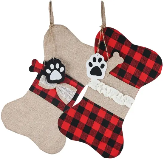 Ornativity Christmas Plaid Pet Stocking - Cute Buffalo Plaid Doggy Bone Paw Stockings for Puppy Dog Pets Set - Pack of 2 {1}