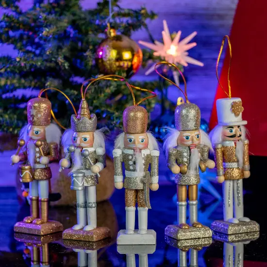 Ornativity Nutcracker Hanging Ornament Figures – Gold and Silver Glittered Christmas Mini Wooden King and Soldier Nutcrackers Xmas Tree Ornament Set – 5 Pieces {4}