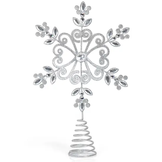 Ornativity Flower Snowflake Tree Topper – Silver Glitter Intricate Designed Floral Snowflake Shaped Ornament with Sparkling Gem Detailed Christmas Star Tree Top Decorations {1}